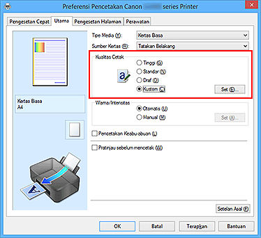 gambar: Pilih pada tab Utama, pilih Kustom untuk Kualitas Cetak
