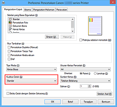 gambar: Kualitas Cetak pada tab Pengesetan Cepat