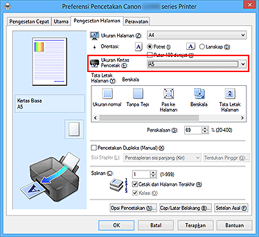 gambar: Ukuran Kertas Pencetak pada tab Pengesetan Halaman