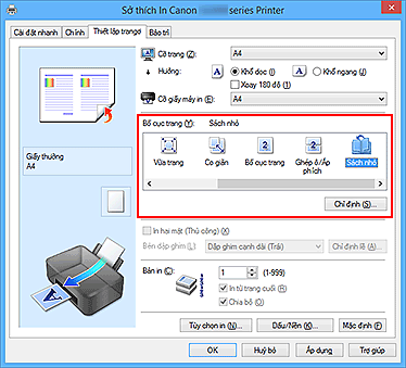 hình: Chọn Sách nhỏ cho Bố cục trang trên tab Thiết lập trang