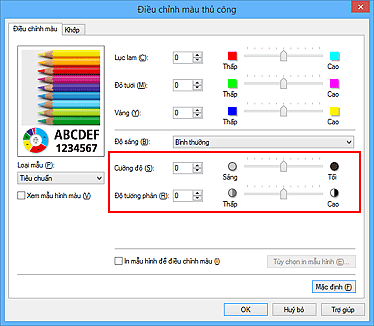 hình: Cường độ/Độ tương phản trên hộp thoại Điều chỉnh màu thủ công
