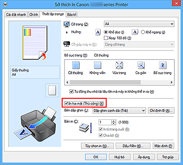 hình: Hộp kiểm In hai mặt (Thủ công) trên tab Thiết lập trang