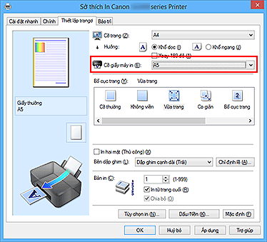 hình: Cỡ giấy máy in trên tab Thiết lập trang