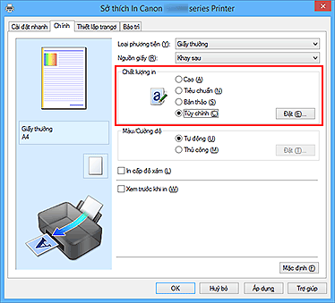 hình: Chọn trên tab Chính, chọn Tùy chỉnh cho Chất lượng in