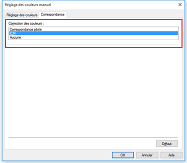 figure : Sélectionnez ICM pour Correction des couleurs dans la boîte de dialogue Réglage des couleurs manuel.