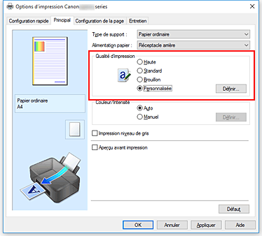 figure : Dans l'onglet Principal, sélectionnez Personnalisée pour Qualité d'impression