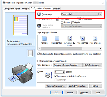 figure : Sélectionnez Personnalisé pour Format page dans l'onglet Configuration de la page.