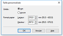 figure : Boîte de dialogue Taille personnalisée