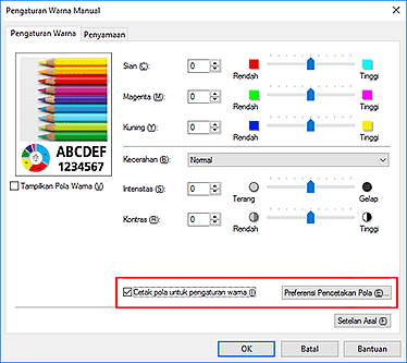 gambar: Pilih Cetak pola untuk pengaturan warna pada tab Pengaturan Warna