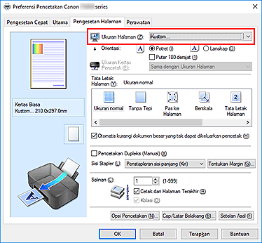 gambar: Pilih Kustom untuk Ukuran Halaman pada tab Pengesetan Halaman
