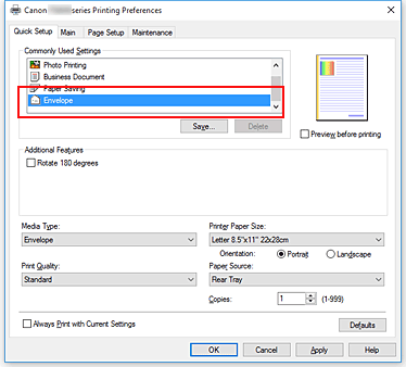 figura:Selectaţi Envelope de la Commonly Used Settings din fila Quick Setup