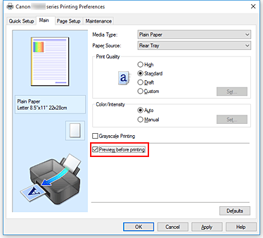 figura:Caseta de selectare Preview before printing de pe fila Main