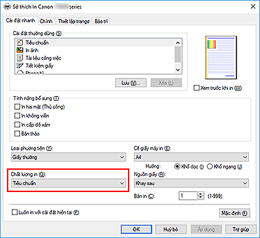 hình: Chất lượng in trên tab Cài đặt nhanh