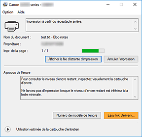 figure : Écran d'état d'imprimante Canon IJ