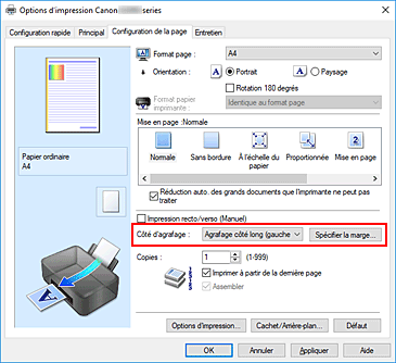 figure : Côté d'agrafage dans l'onglet Configuration de la page