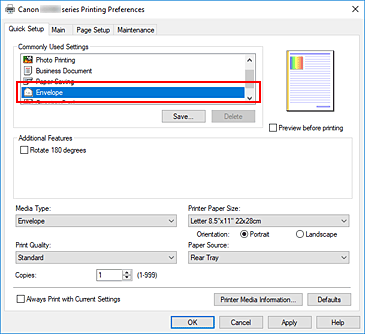 figura:Selectaţi Envelope de la Commonly Used Settings din fila Quick Setup