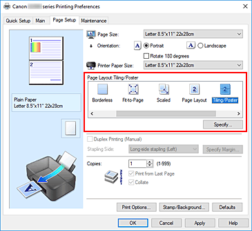 figura:Selectaţi Tiling/Poster pentru Page Layout din fila Page Setup