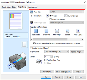 figura:Selectarea Custom pentru Page Size din fila Page Setup