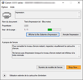 figure&nbsp;: Écran d'état d'imprimante Canon IJ