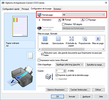 figure : Format page dans l'onglet Configuration de la page