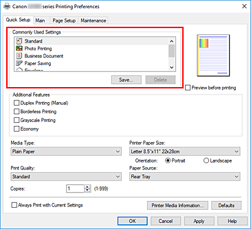 slika: možnost Commonly Used Settings na kartici Quick Setup