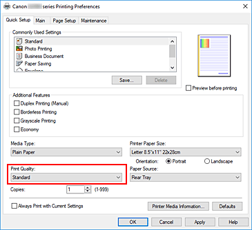 slika: možnost Print Quality na kartici Quick Setup