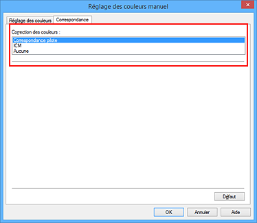 figure : Sélectionnez Correspondance pilote pour Correction des couleurs dans la boîte de dialogue Réglage des couleurs manuel.