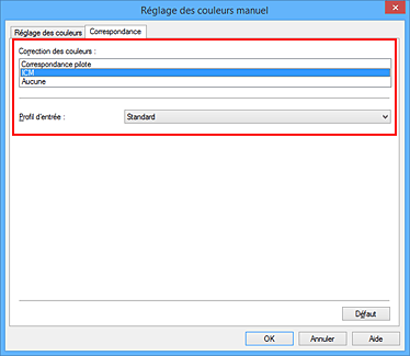 figure : Sélectionnez ICM pour Correction des couleurs dans la boîte de dialogue Réglage des couleurs manuel.