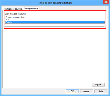 figure : Sélectionnez Aucune pour Correction des couleurs dans la boîte de dialogue Réglage des couleurs manuel.