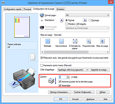 figure : Copies dans l'onglet Configuration de la page