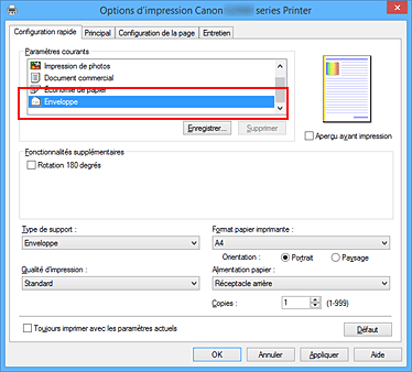 figure : Sélectionnez Enveloppe dans Paramètres courants dans l'onglet Configuration rapide.