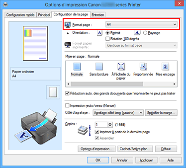 figure : Format page dans l'onglet Configuration de la page