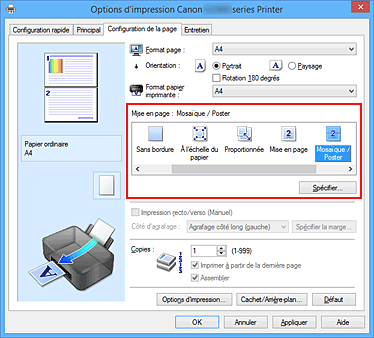 figure : Sélectionnez Mosaïque/Poster comme Mise en page dans l'onglet Configuration de la page.