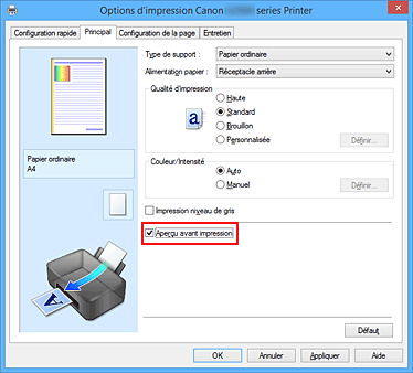figure : Case à cocher Aperçu avant impression dans l'onglet Principal