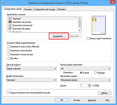 figure : Enregistrer... dans l'onglet Configuration rapide