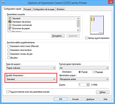 figure : Qualité d'impression dans l'onglet Configuration rapide