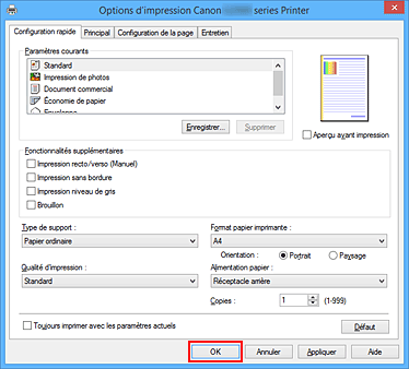 figure : OK dans l'onglet Configuration rapide