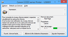 figure : Écran d'état d'imprimante Canon IJ