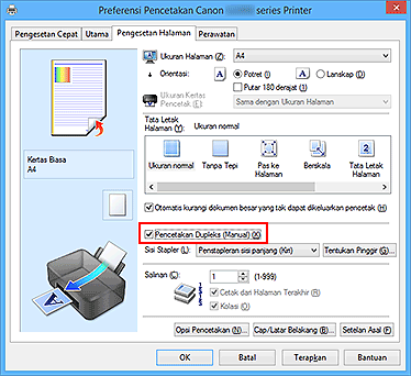 gambar: Kotak centang Pencetakan Dupleks (Manual) pada tab Pengesetan Halaman