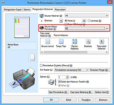 gambar: Ukuran Kertas Pencetak pada tab Pengesetan Halaman