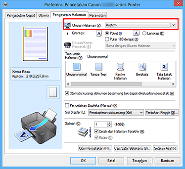 gambar: Pilih Kustom untuk Ukuran Halaman pada tab Pengesetan Halaman