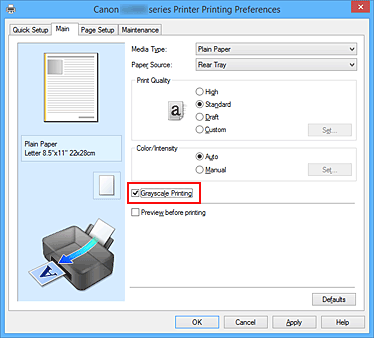 figure:Grayscale Printing check box on the Main tab