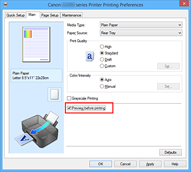 figure:Preview before printing check box on the Main tab