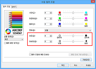 그림: [수동 컬러 조절] 대화 상자의 농도/대비도