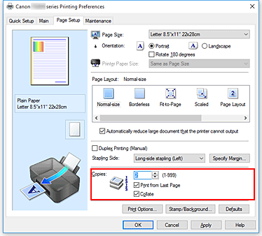 figure:Copies on the Page Setup tab