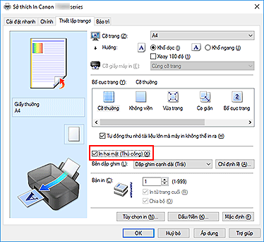 hình: Hộp kiểm In hai mặt (Thủ công) trên tab Thiết lập trang