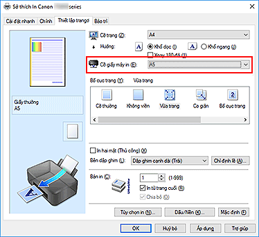 hình: Cỡ giấy máy in trên tab Thiết lập trang