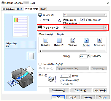 hình: Cỡ giấy máy in trên tab Thiết lập trang
