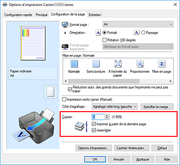 figure : Copies dans l'onglet Configuration de la page