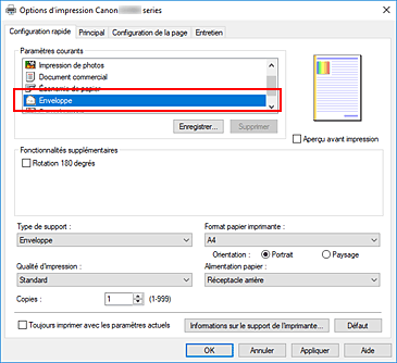 figure : Sélectionnez Enveloppe dans Paramètres courants dans l'onglet Configuration rapide.